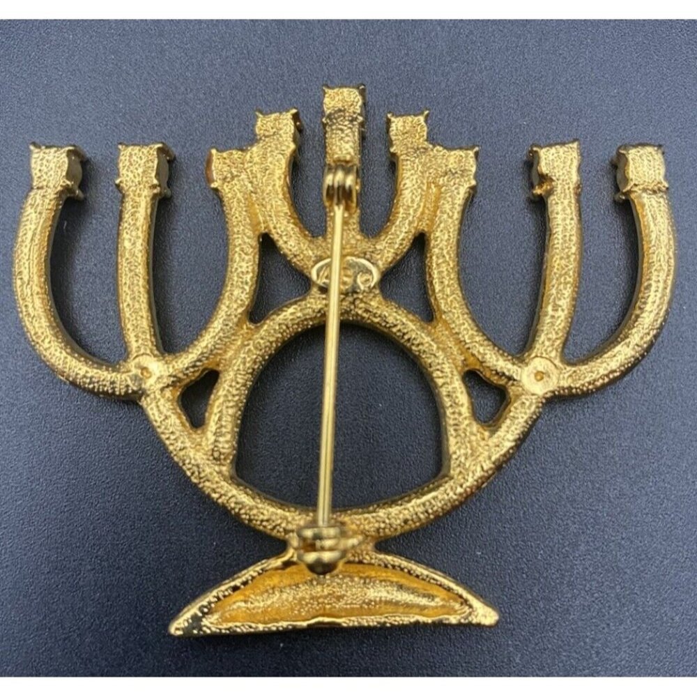 Vintage Brooch AS Hanukkah Menorah Brushed Gold Tone Pin Amber Blue Rhinestones - Picture 2 of 9